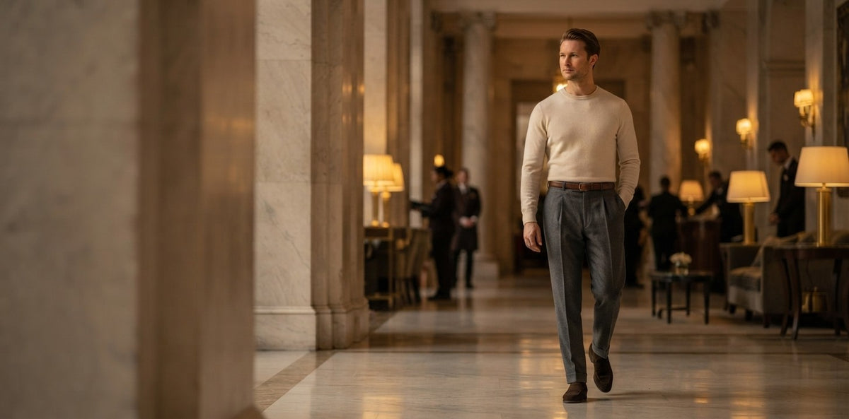 Man in grey pleated tailored trousers walking through a marble hotel lobby