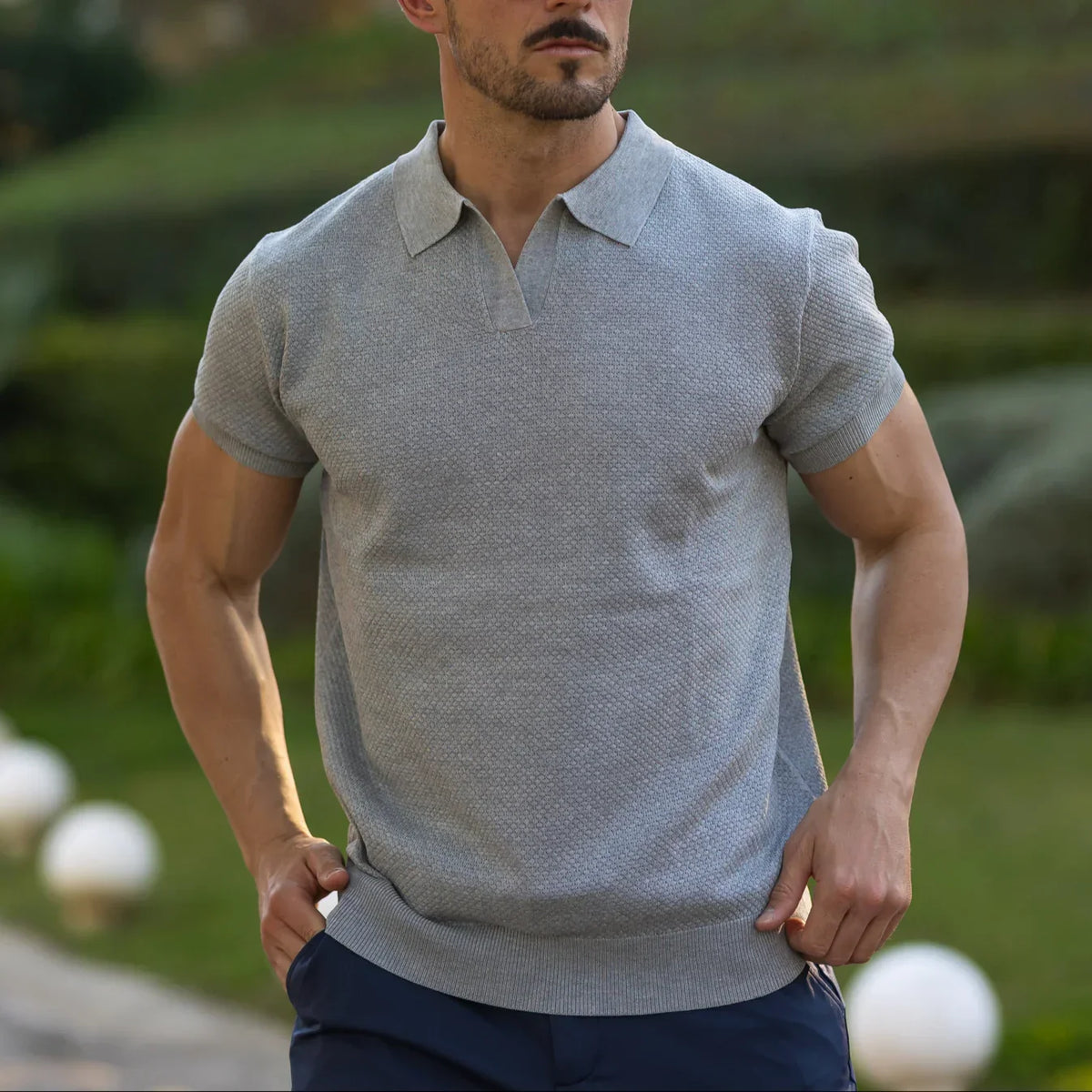 Riviera V-Neck Polo - Light Grey